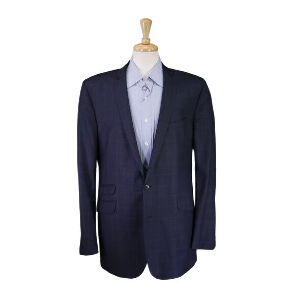 Ben Sherman Mens Navy Blue Purple Plaid 2-Btn Wool Blazer Jacket 44L - Picture 1 of 8